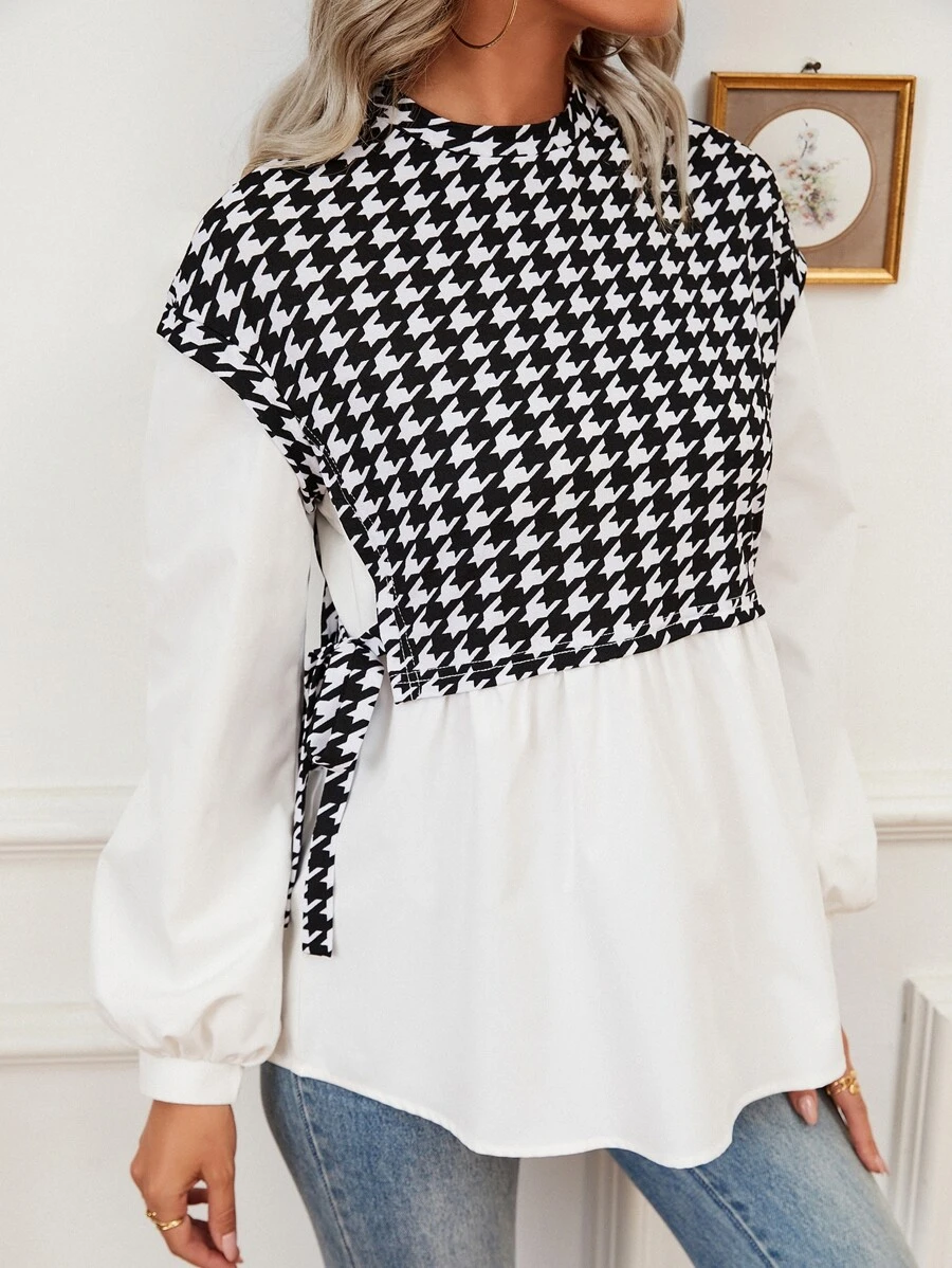 SHEIN Privé Houndstooth Bishop Sleeve Tie Side Drop Shoulder 2 In 1 Blouse - Black and White - View 1
