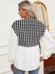 SHEIN Privé Houndstooth Bishop Sleeve Tie Side Drop Shoulder 2 In 1 Blouse - Black and White - View 2
