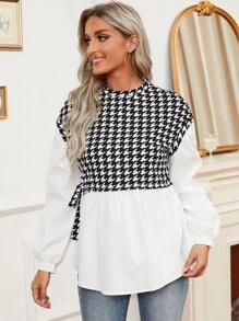 SHEIN Privé Houndstooth Bishop Sleeve Tie Side Drop Shoulder 2 In 1 Blouse - Black and White - View 3