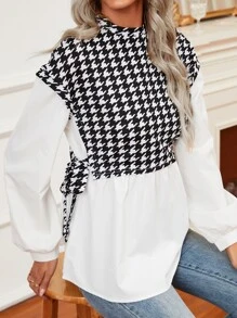 SHEIN Privé Houndstooth Bishop Sleeve Tie Side Drop Shoulder 2 In 1 Blouse - Black and White - View 4