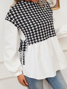 SHEIN Privé Houndstooth Bishop Sleeve Tie Side Drop Shoulder 2 In 1 Blouse - Black and White - View 5