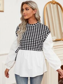 SHEIN Privé Houndstooth Bishop Sleeve Tie Side Drop Shoulder 2 In 1 Blouse - Black and White - View 6