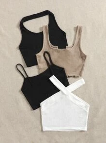 SHEIN EZwear 4pcs Solid Ribbed Knit Crop Top