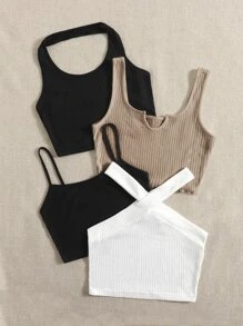 SHEIN EZwear 4pcs Solid Ribbed Knit Crop Top