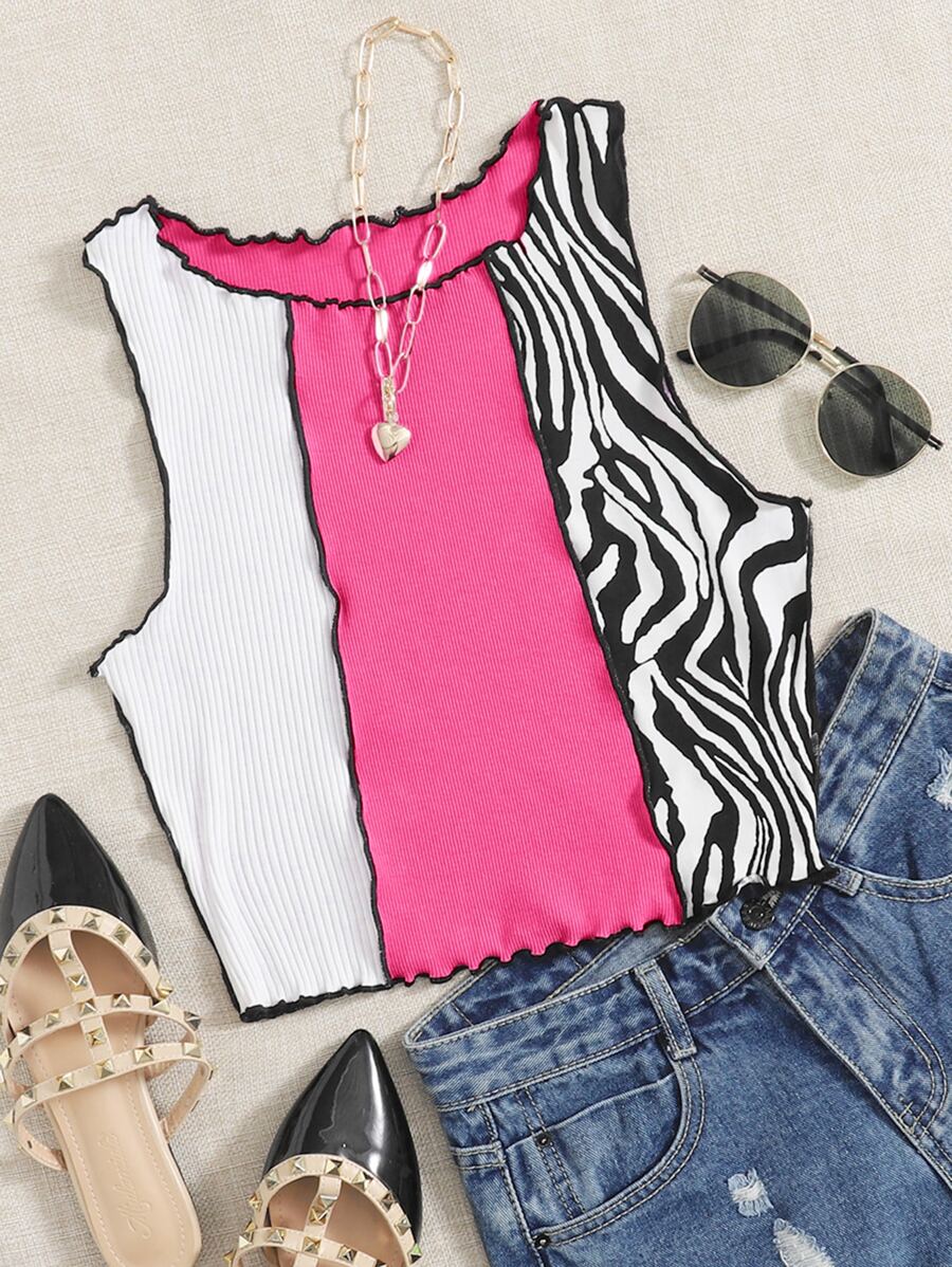 SHEIN EZwear 斑馬紋拼接莴苣修邊細肩帶背心，外出上衣 - 玫紅色 - 查看 1