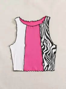 SHEIN EZwear 斑馬紋拼接莴苣修邊細肩帶背心，外出上衣 - 玫紅色 - 查看 3