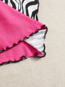 SHEIN EZwear 斑馬紋拼接莴苣修邊細肩帶背心，外出上衣 - 玫紅色 - 查看 5