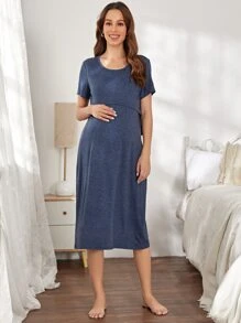 SHEIN 孕婦素色哺乳休閒服洋裝 - 藏蓝色 - 查看 4