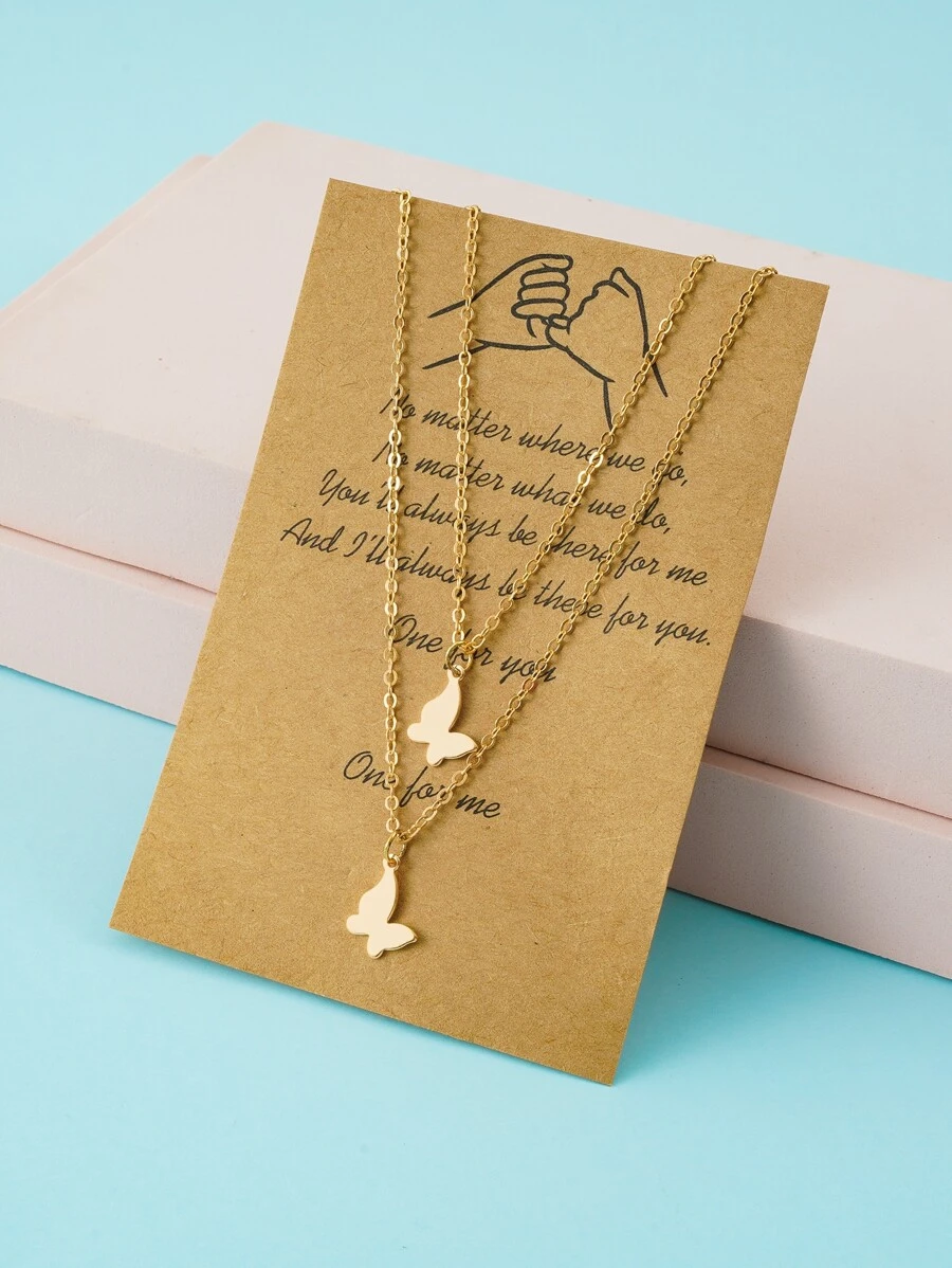 2入組女孩蝴蝶吊墜項鍊 - 金黃色 - 查看 1