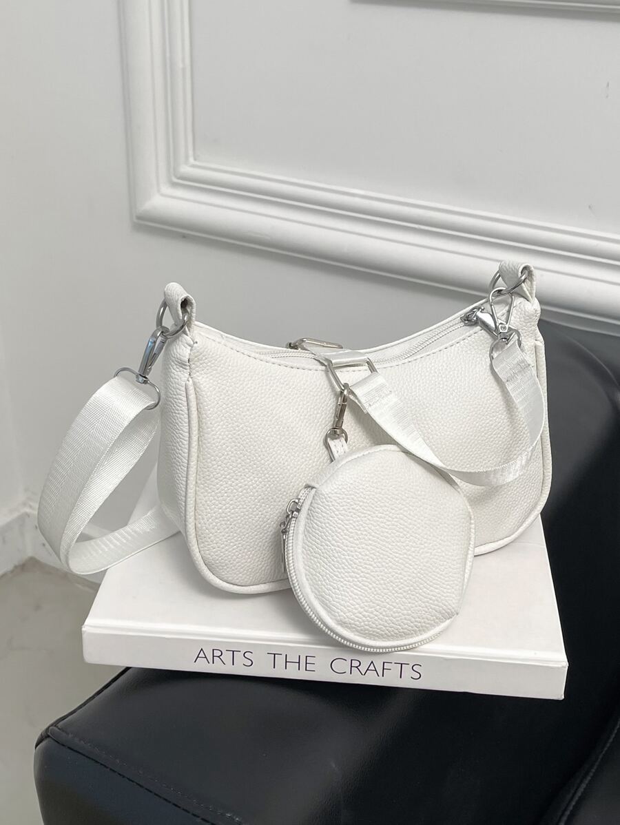 Litchi Embossed Crossbody Bag With Coin Case - White - View 1