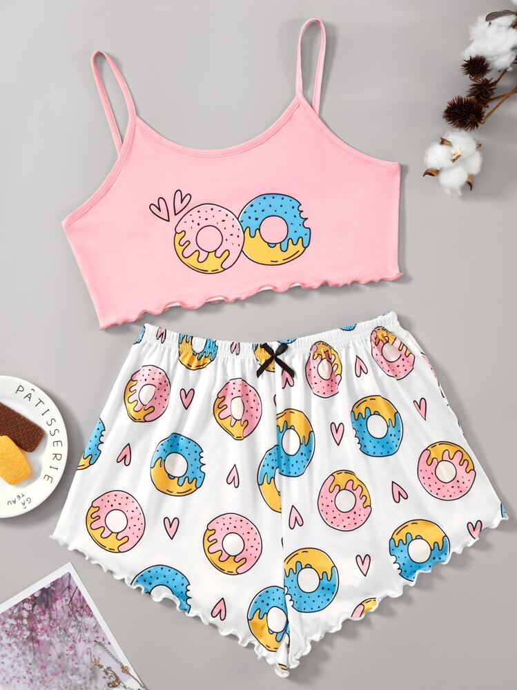 SHEIN Conjunto de pijama / camiseta y pantalón con estampado de donas y con adorno de volantes - Rosa Pálido - Añade 1