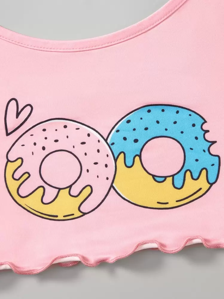 SHEIN Conjunto de pijama / camiseta y pantalón con estampado de donas y con adorno de volantes - Rosa Pálido - Añade 3