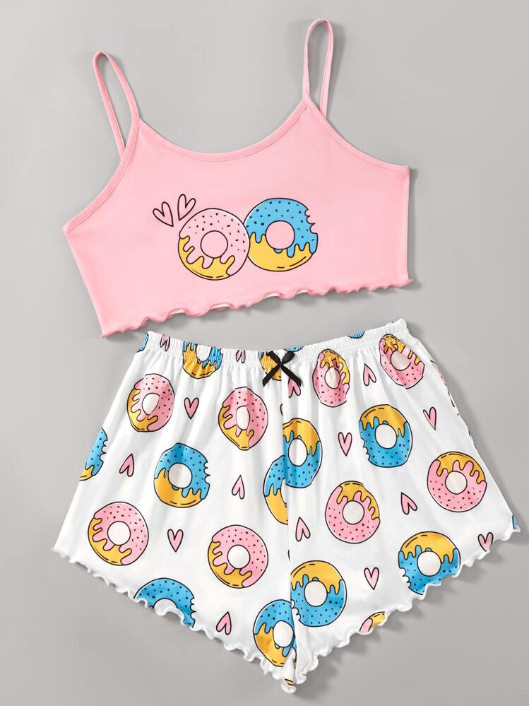 SHEIN Conjunto de pijama / camiseta y pantalón con estampado de donas y con adorno de volantes - Rosa Pálido - Añade 5