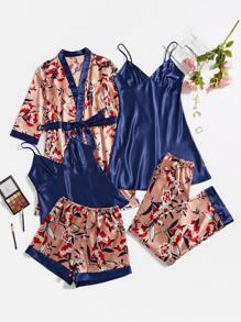 5pcs Floral Print Belted Satin Robe & Cami Top & Night Dress & Trousers & Shorts - Multicolor - View 1