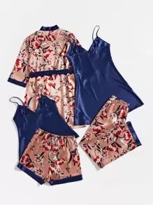 5pcs Floral Print Belted Satin Robe & Cami Top & Night Dress & Trousers & Shorts - Multicolor - View 2