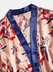 5pcs Floral Print Belted Satin Robe & Cami Top & Night Dress & Trousers & Shorts - Multicolor - View 4