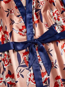 5pcs Floral Print Belted Satin Robe & Cami Top & Night Dress & Trousers & Shorts - Multicolor - View 5