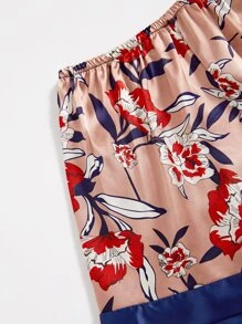 5pcs Floral Print Belted Satin Robe & Cami Top & Night Dress & Trousers & Shorts - Multicolor - View 6