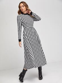 Mulvari 千鳥格印花高腰連衣裙 - 黑與白 - 查看 3
