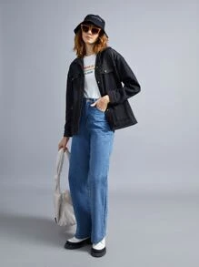 SHEIN EZwear 前紐扣翻蓋口袋落肩袖外套 - 黑色 - 查看 1