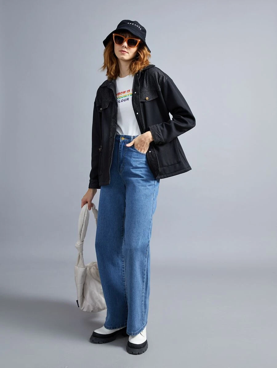 SHEIN EZwear 前紐扣翻蓋口袋落肩袖外套 - 黑色 - 查看 1