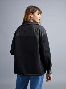 SHEIN EZwear 前紐扣翻蓋口袋落肩袖外套 - 黑色 - 查看 2