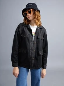 SHEIN EZwear 前紐扣翻蓋口袋落肩袖外套 - 黑色 - 查看 3