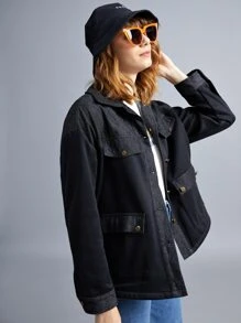 SHEIN EZwear 前紐扣翻蓋口袋落肩袖外套 - 黑色 - 查看 4