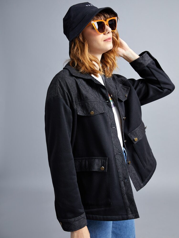 SHEIN EZwear Áo khoác nữ Túi Nút phía trước màu trơn Giải trí - màu đen - Xem 4