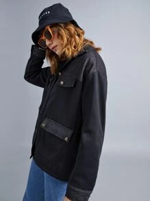 SHEIN EZwear 前紐扣翻蓋口袋落肩袖外套 - 黑色 - 查看 5