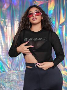SHEIN ICON Top con diamante de imitación con letra de malla transparente sin sujetador - Negro - View 2