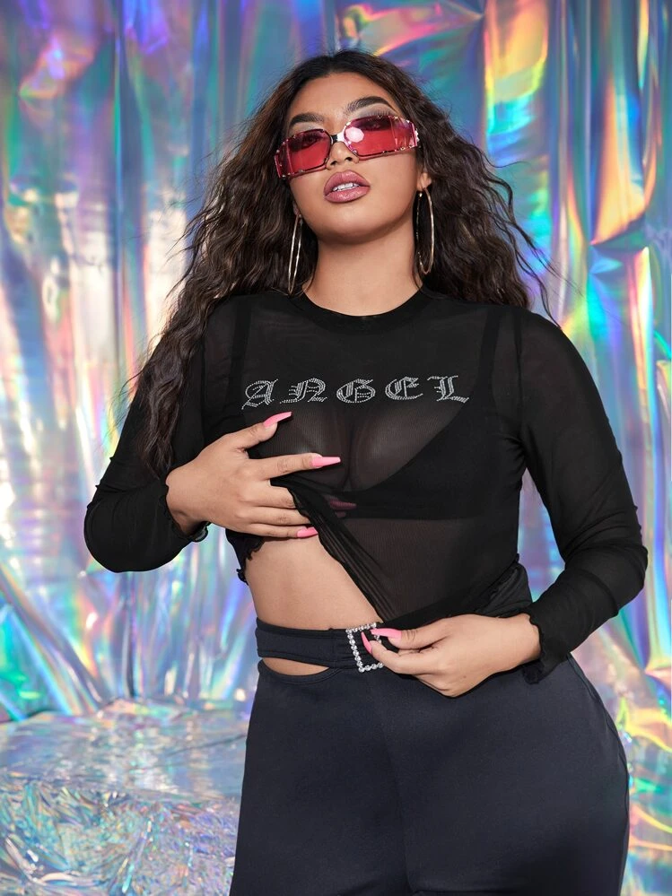 SHEIN ICON 大碼水鑽字母透視網紗不附胸罩上衣 - 黑色 - 查看 2