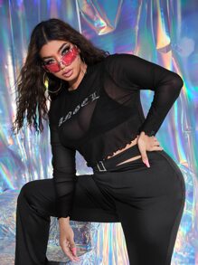 SHEIN ICON Top con diamante de imitación con letra de malla transparente sin sujetador - Negro - View 4