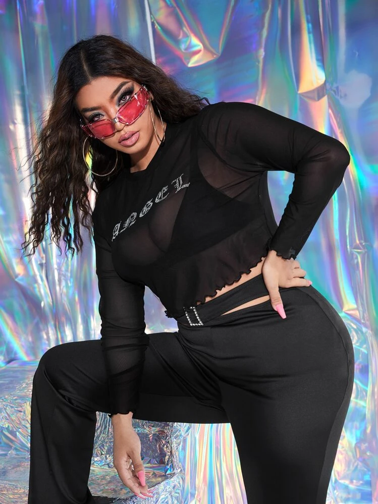 SHEIN ICON 大碼水鑽字母透視網紗不附胸罩上衣 - 黑色 - 查看 4