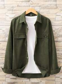 Manfinity Hypemode Áo sơ mi Nam Đắp vá Nút phía trước Túi giả Lá thư Giải trí - xanh quân đội - Xem 1