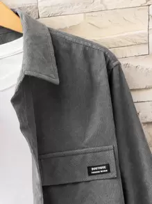 Manfinity Homme Áo sơ mi nhung kẻ họa tiết chữ vá cho nam không có áo phông, dành cho mùa thu đông, áo dài tay - Xám - Xem 4