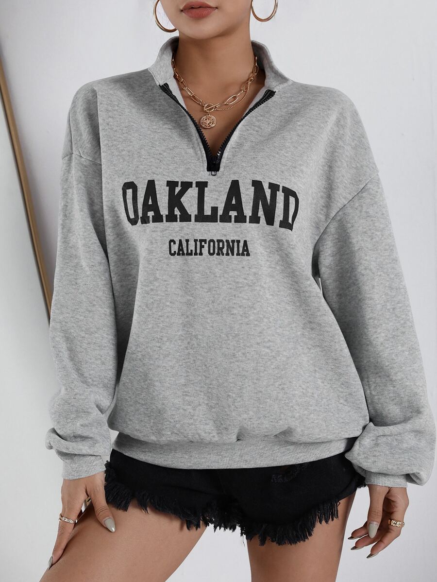 SHEIN EZwear Áo nỉ Đồ họa Chữ cái Thả vai - Xám - Xem 1