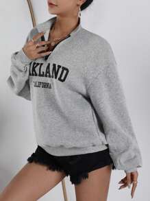 SHEIN EZwear Áo nỉ Đồ họa Chữ cái Thả vai - Xám - Xem 3