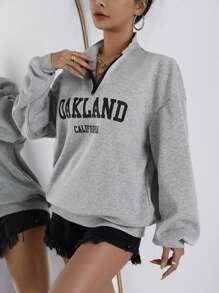 SHEIN EZwear Áo nỉ Đồ họa Chữ cái Thả vai - Xám - Xem 4