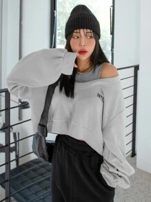 DAZY Letter Graphic Cold Shoulder 2 In 1 Sweatshirt - Grey - View 1