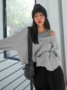 DAZY Letter Graphic Cold Shoulder 2 In 1 Sweatshirt - Grey - View 3
