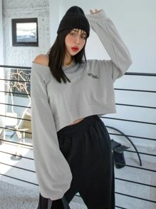 DAZY Letter Graphic Cold Shoulder 2 In 1 Sweatshirt - Grey - View 4