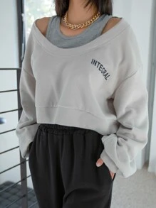 DAZY Letter Graphic Cold Shoulder 2 In 1 Sweatshirt - Grey - View 5