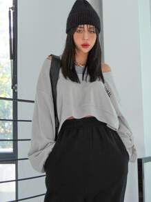 DAZY Letter Graphic Cold Shoulder 2 In 1 Sweatshirt - Grey - View 6