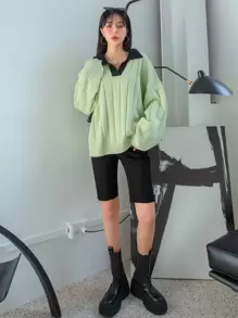 DAZY 撞色拼接字母刺繡落肩毛衣 - 綠色 - 查看 6