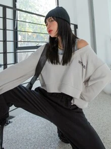 DAZY Letter Graphic Cold Shoulder 2 In 1 Sweatshirt - Grey - View 8