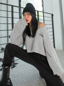 DAZY Letter Graphic Cold Shoulder 2 In 1 Sweatshirt - Grey - View 10