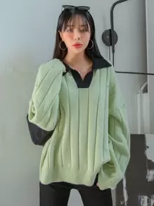 DAZY 撞色拼接字母刺繡落肩毛衣 - 綠色 - 查看 8