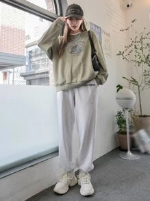 DAZY 字母和卡通圖形鬆緊針織下肩套頭毛衣,不附t卹 - 軍綠色 - 查看 4