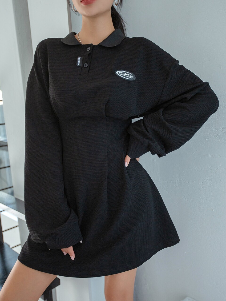 Letter Patched Detail Drop Shoulder Polo Neck Dress,Casual Women Dresses,Fall Dress Long Sleeve Dress